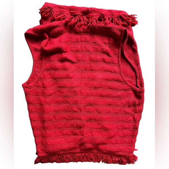Chico's Red Sleeveless Cardigan Sweater Vest Fringe Fray Trim Open Front sz 2/M - Picture 3 of 6
